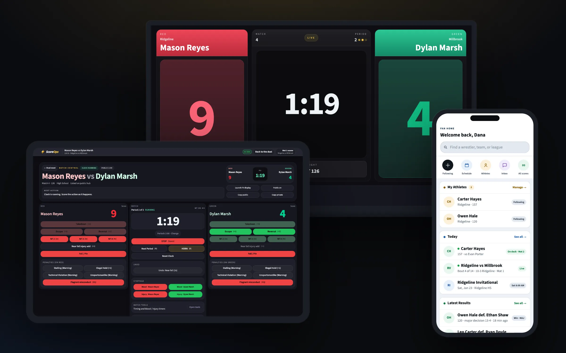 ScoreOps on three screens at once: the TV scoreboard on a gym monitor, the scoring control board on a tablet at the table, and the fan app on a phone in the stands.