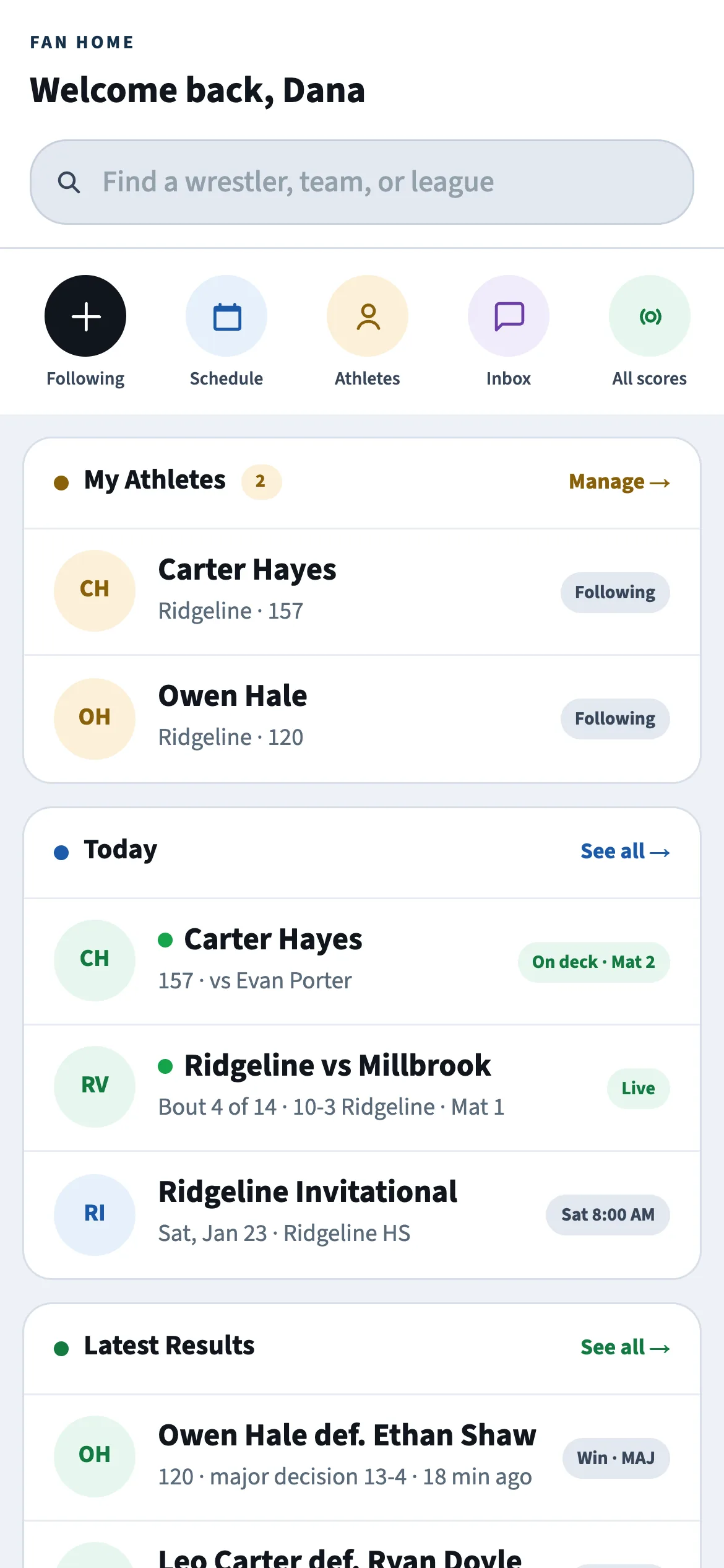 The fan app home screen on a phone: followed wrestlers, an on-deck alert for Mat 2, and this morning's final results from the dual.