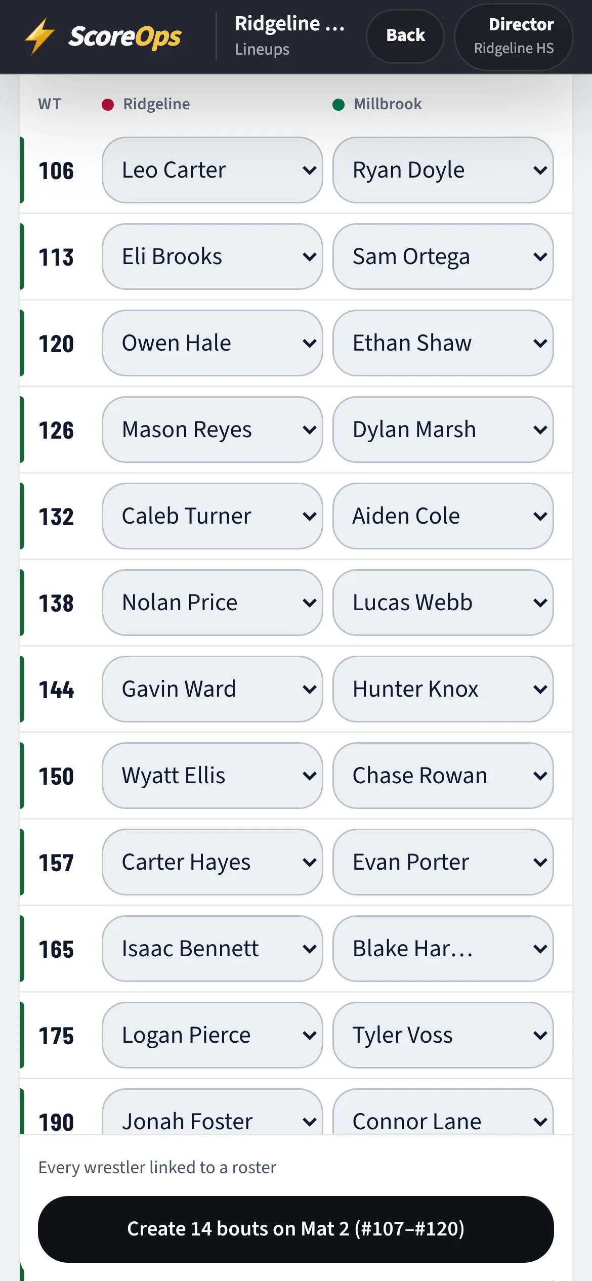 The lineup grid on a phone: two team rosters paired weight by weight, every row a bout waiting to be created on the mat.