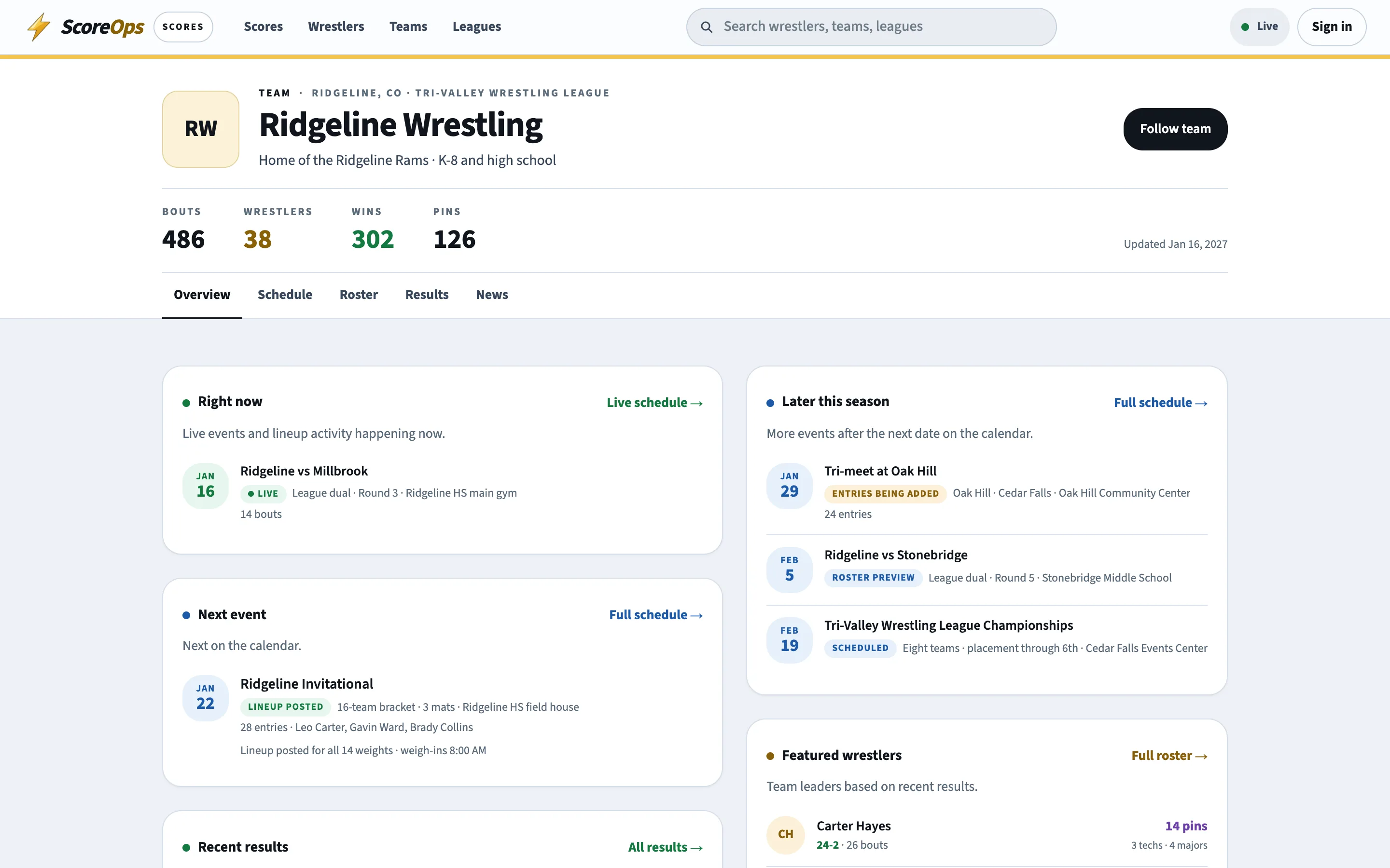 A team's public page: season totals across the top, the live dual and upcoming events on the left, recent results, featured wrestlers and team news on the right.