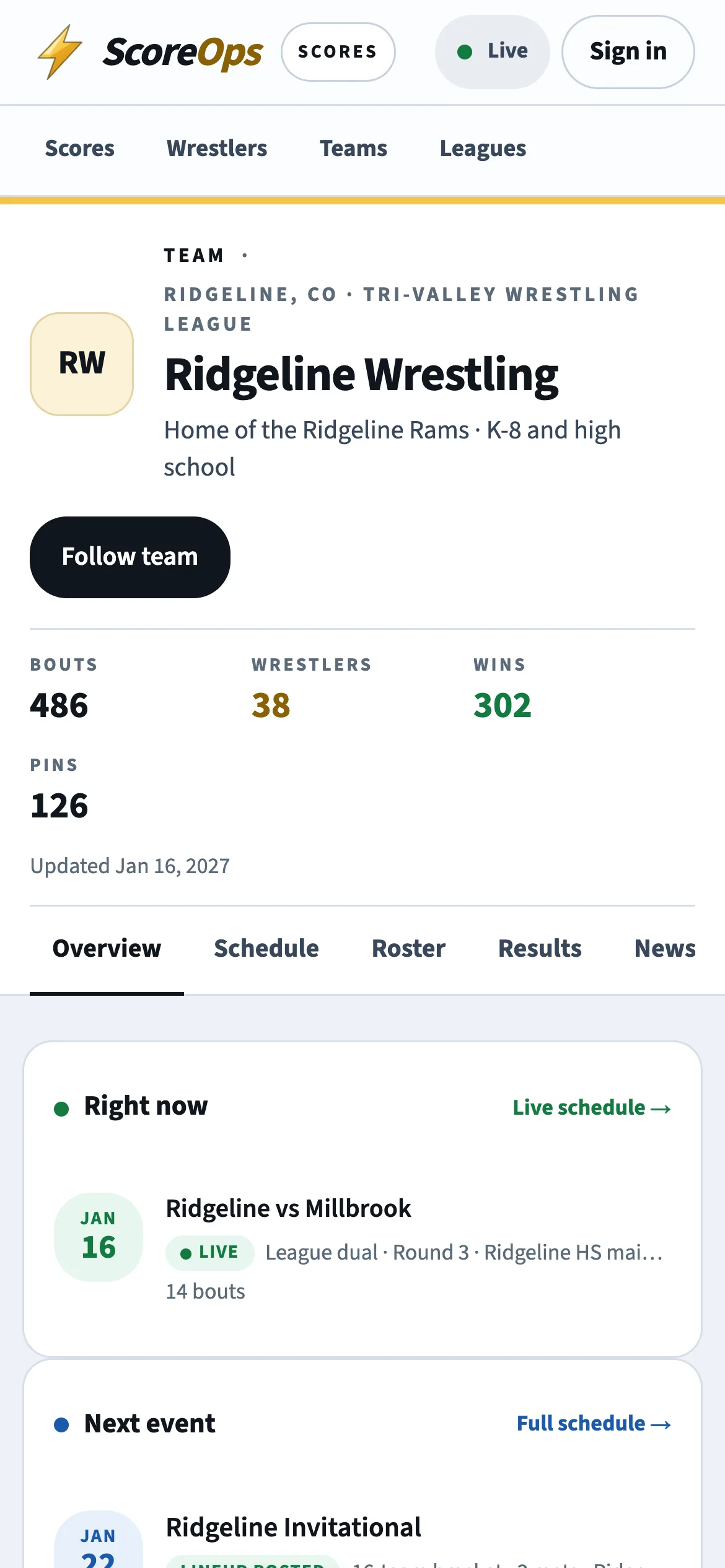 A team's public page on a phone: the live dual happening now, the next event, and the season's latest final results, all readable without an account.