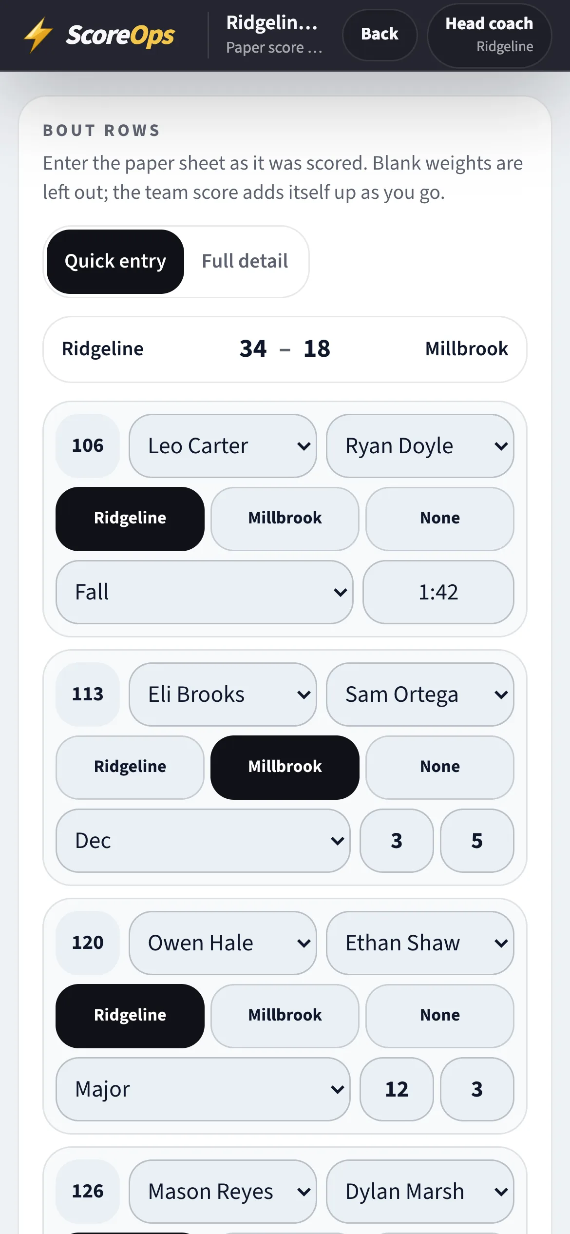 Entering a paper score sheet on a phone: pick the winner, tap the result type, and the bout is recorded without ever starting the clock.