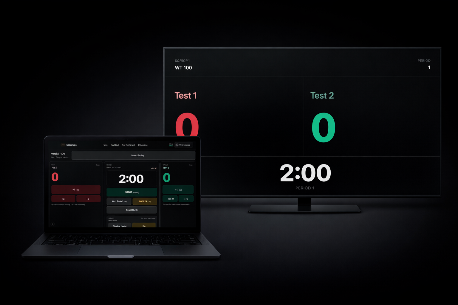 ScoreOps screenshots showing the control panel and public display